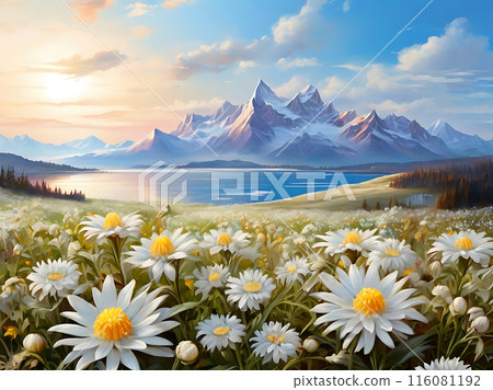 Beautiful fields of edelweiss flowers. 116081192