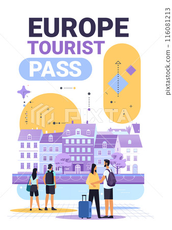 Tourists exploring European city with historic buildings and river modern abstract elements travelers with luggage and backpacks urban scenery 116081213