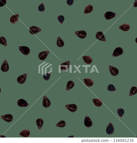 Black seeds contrast seamless pattern in watercolor on green background, hand drawn for food design. Great for packages, textile, notebooks, wrapping paper and kitchen decor 116081216