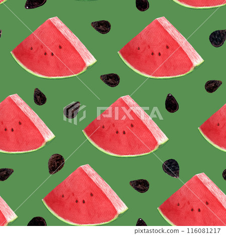 Watermelon juicy slices with black seeds. Watercolor seamless pattern on green background, high quality hand drawn for food design. Packages, textile, wrapping paper, ice cream label, logo, kitchen 116081217