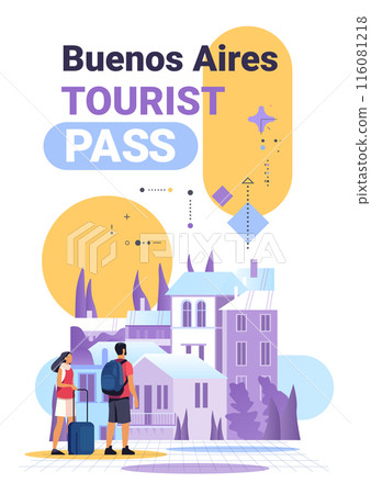 Tourists with luggage exploring cityscape colorful abstract buildings travel concept modern flat design 116081218