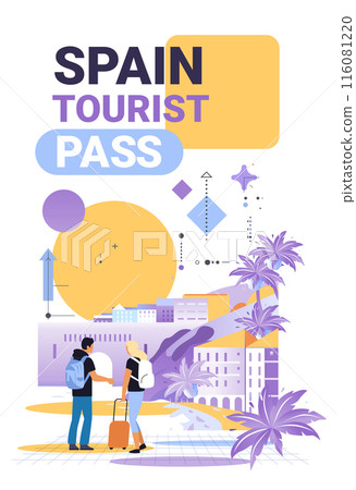 Travelers with luggage exploring cityscape palm trees modern buildings abstract shapes colorful 116081220