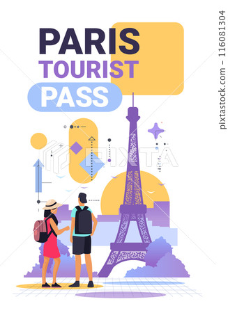 Tourists with backpacks looking at Eiffel Tower abstract geometric background travel concept colorful flat design Tourists with backpacks looking at Eiffel Tower abstract geometric background travel concept colorful flat design 116081304