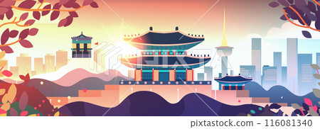 Traditional Korean architecture cityscape sunset skyline modern buildings colorful leaves 116081340