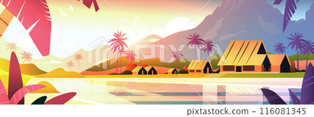 Tropical beach huts sunset palm trees mountains scenic landscape travel concept website banner 116081345