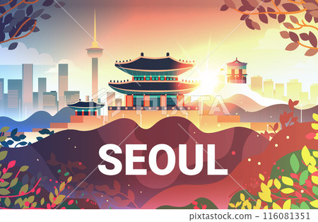 Seoul travel cityscape traditional buildings modern skyline sunrise foliage colorful design elements background template Seoul travel cityscape traditional buildings modern skyline sunrise foliage colorful design elements background template 116081351