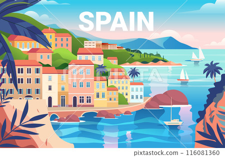Spain coastal town colorful buildings sailboats palm trees mountains ocean scenic travel landscape 116081360