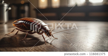 Conceptual close-up of a cockroach that invades polluted rooms, transmits pathogens and multiplies very quickly 116081375