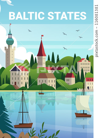 Baltic States scenic coastal town illustration with historic buildings lush green hills calm blue waters sailboats birds in sky travel concept design elements 116081381
