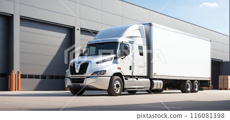 Conceptual representation of a truck that stands in front of a warehouse and distribution center and delivers and picks up goods 116081398