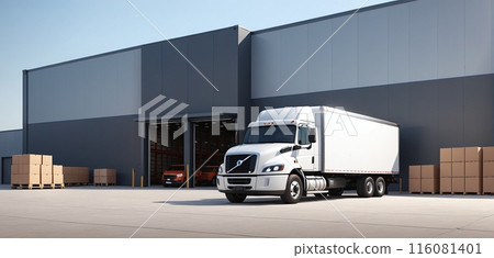 Conceptual representation of a truck that stands in front of a warehouse and distribution center and delivers and picks up goods 116081401
