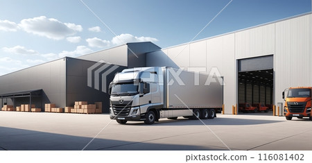 Conceptual representation of a truck that stands in front of a warehouse and distribution center and delivers and picks up goods 116081402