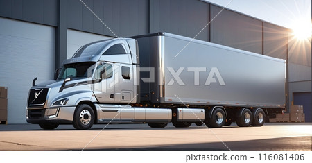 Conceptual representation of a truck that stands in front of a warehouse and distribution center and delivers and picks up goods 116081406