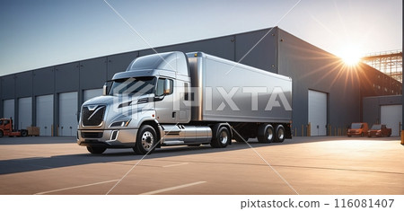 Conceptual representation of a truck that stands in front of a warehouse and distribution center and delivers and picks up goods 116081407