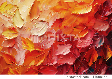 An abstract oil painting featuring vibrant stains of autumn colors symbolizing falling leaves. 116081430
