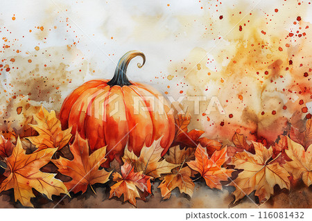 Watercolor illustration showcasing a pumpkin nestled among variety of autumn leaves capturing the beauty of autumn. Great design with copy space. 116081432
