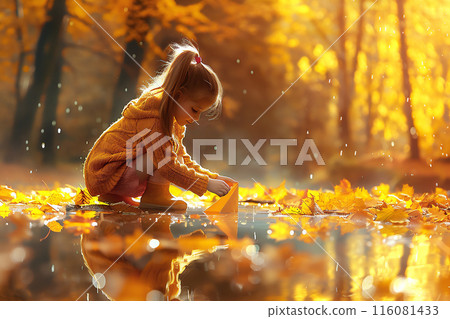 Joyful child girl in cozy yellow sweater and rain boots, kneeling beside puddle filled with fallen leaves launching paper boat. 116081433
