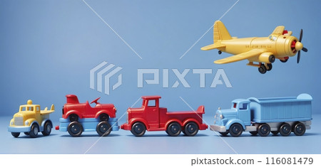 Conceptual representation of different types of global freight transportation as toys, types and ways of transporting goods and goods worldwide 116081479