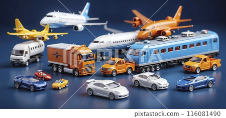 Conceptual representation of different types of global freight transportation as toys, types and ways of transporting goods and goods worldwide 116081490