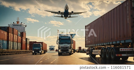 Conceptual presentation of different types of global goods traffic, types of global transportation Conceptual presentation of different types of global goods traffic, types of global transportation 116081571