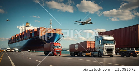 Conceptual presentation of different types of global goods traffic, types of global transportation 116081572