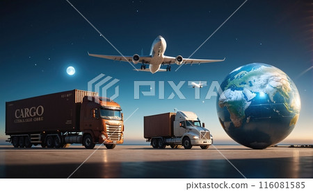 Conceptual presentation of different types of global goods traffic, types of global transportation Conceptual presentation of different types of global goods traffic, types of global transportation 116081585