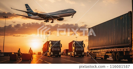 Conceptual presentation of different types of global goods traffic, types of global transportation 116081587