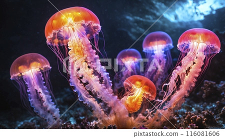 Glowing jellyfish that swim underwater in their natural habitat in the ocean close to the surface at night 116081606