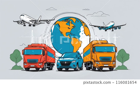 Illustrative presentation of different types of global goods traffic, types of global transportation 116081654