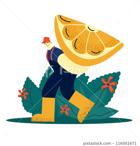A cartoon man carrying a large orange A cartoon man carrying a large orange 116081671