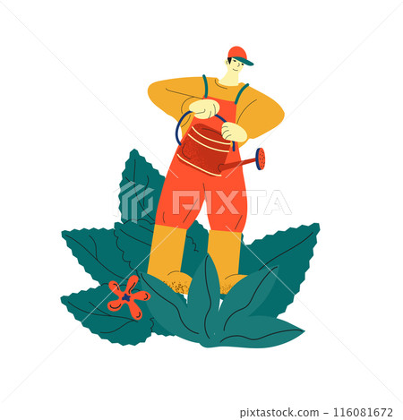 Gardener watering plants in garden Gardener watering plants in garden 116081672