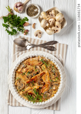 chicken stroganoff in a baking dish, top view chicken stroganoff in a baking dish, top view 116081734
