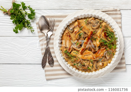 chicken stroganoff in a baking dish, top view chicken stroganoff in a baking dish, top view 116081736