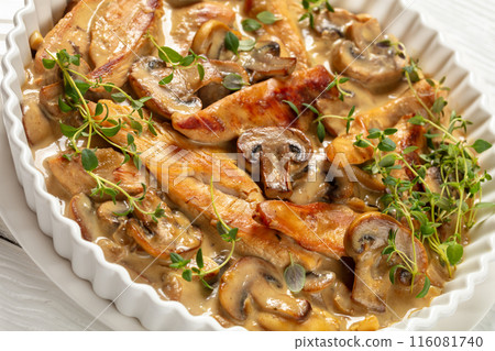 chicken stroganoff in a baking dish, top view chicken stroganoff in a baking dish, top view 116081740