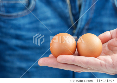 Two eggs held in a hand, with blue jeans in the background. Male reproductive system health concept. Copy space 116081897