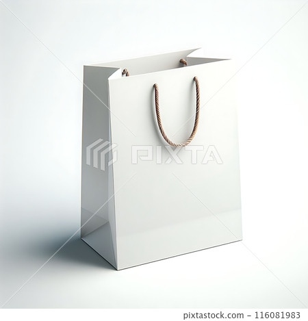 Mockup of a white paper shopping bag with handles on a white background isolated. Clean empty space without inscriptions. Environmentally friendly product 116081983