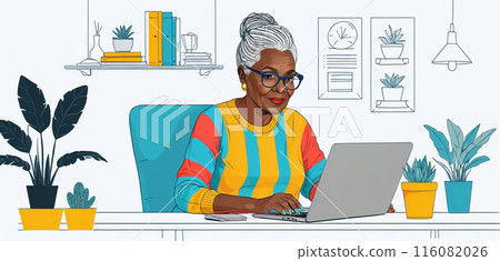 Illustrative depiction of an older person or pensioner sitting in front of a computer and engaging with the possibilities of new media, chatting and streaming and making online appointments with a Illustrative depiction of an older person or pensioner sitting in front of a computer and engaging with the possibilities of new media, chatting and streaming and making online appointments with a 116082026