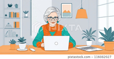 Illustrative depiction of an older person or pensioner sitting in front of a computer and engaging with the possibilities of new media, chatting and streaming and making online appointments with a Illustrative depiction of an older person or pensioner sitting in front of a computer and engaging with the possibilities of new media, chatting and streaming and making online appointments with a 116082027