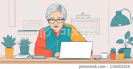 Illustrative depiction of an older person or pensioner sitting in front of a computer and engaging with the possibilities of new media, chatting and streaming and making online appointments with a 116082028