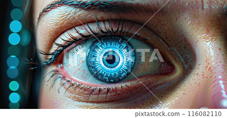 Conceptual design of an artificial human eye with a technically drawn iris to illustrate medical-technical progress Conceptual design of an artificial human eye with a technically drawn iris to illustrate medical-technical progress 116082110