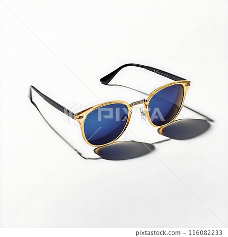 Gold-framed sunglasses isolated on a white background. Perfect for summer, vacation, and fashion themes, highlighting elegant and stylish eyewear accessories 116082233