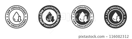 Low cholesterol icons. Round stickers with lettering. Vector illustration. Low cholesterol icons. Round stickers with lettering. Vector illustration. 116082312