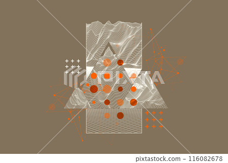 Scientific and technical image of the mountains. Abstract wireframe surface background inside a triangle. Hand drawn vector. 116082678