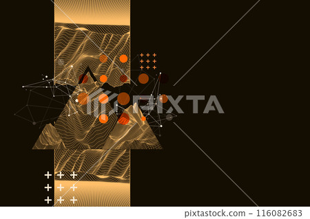 Scientific and technical image of the mountains. Abstract wireframe surface background inside a triangle. Hand drawn vector. 116082683