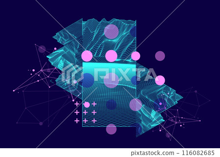 Scientific and technical image of the mountains. Abstract wireframe surface background inside a triangle. Hand drawn vector. Scientific and technical image of the mountains. Abstract wireframe surface background inside a triangle. Hand drawn vector. 116082685