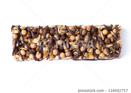 Healthy Muesli bars with nuts,seeds and black chocolate isolated on white background Healthy Muesli bars with nuts,seeds and black chocolate isolated on white background 116082757