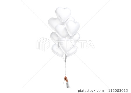 Hand holding blank white heart balloon bouquet mockup, isolated 116083013