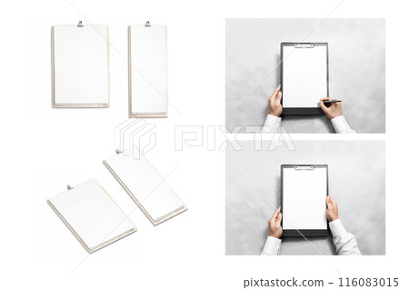 Blank white paper sheet on wood and plastic clipboard mockup 116083015