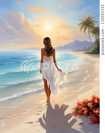 A woman walks on the beach. A woman walks on the beach. 116083142