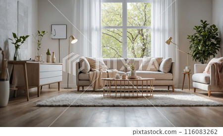 A bright, airy living room with neutral-toned furniture, large windows letting in natural light, and minimalist decor that includes plants and a cozy rug. 116083262